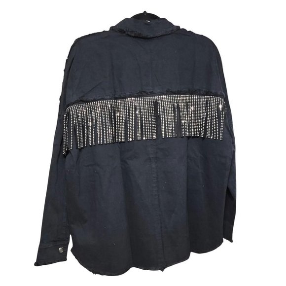 Main Strip Stud Fringe Raw Hem Oversized Black Denim Jacket Shacket CJ60713 - Picture 16 of 16